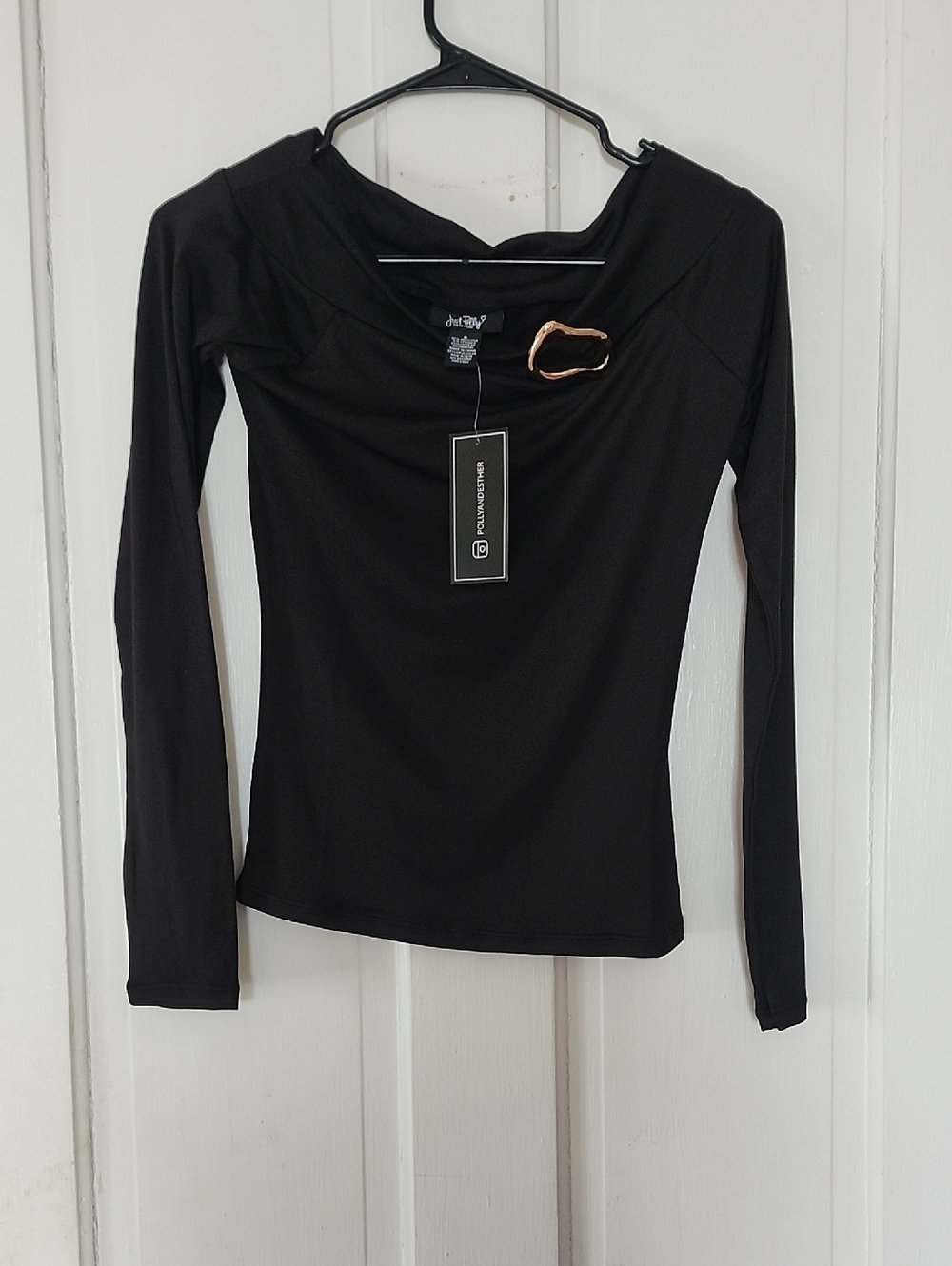 Just Polly Black Long-Sleeve Top with Decorative Ring